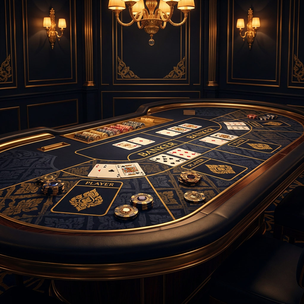 โต๊ะบาคาร่าออนไลน์หรูโทนดำทองพร้อมชิปและไพ่ Banker Player